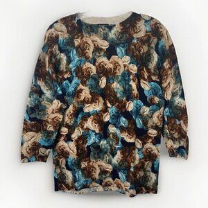 Talbots Size Medium Merino Wool Knit Top Round Neck Lightweight Multicolor Print